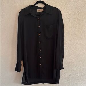VINTAGE Carol Little Sheer Black Button Down Blouse Size L
